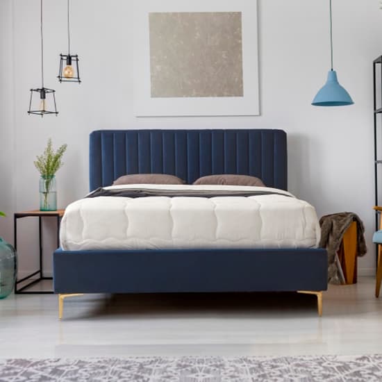 Lenox Velvet Fabric Double Bed In Blue With Gold Metal Legs_2