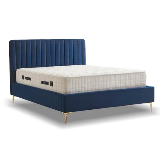 Lenox Velvet Fabric Double Bed In Blue With Gold Metal Legs_3