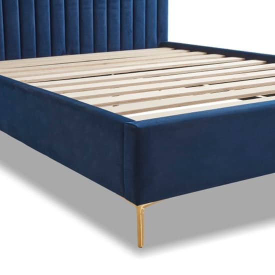 Lenox Velvet Fabric Double Bed In Blue With Gold Metal Legs_5