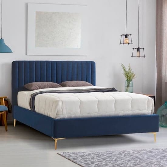 Lenox Velvet Fabric Double Bed In Blue With Gold Metal Legs_1