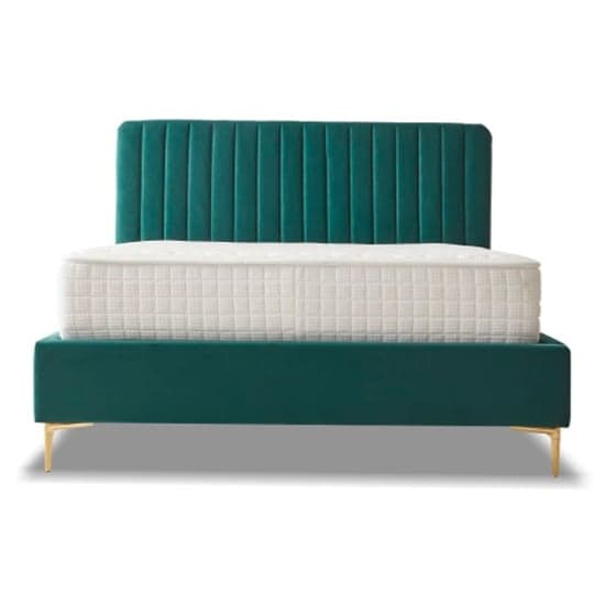 Lenox Velvet Fabric Double Bed In Green With Gold Metal Legs_3