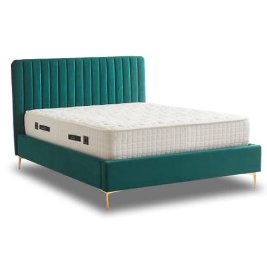 Lenox Velvet Fabric Double Bed In Green With Gold Metal Legs_4