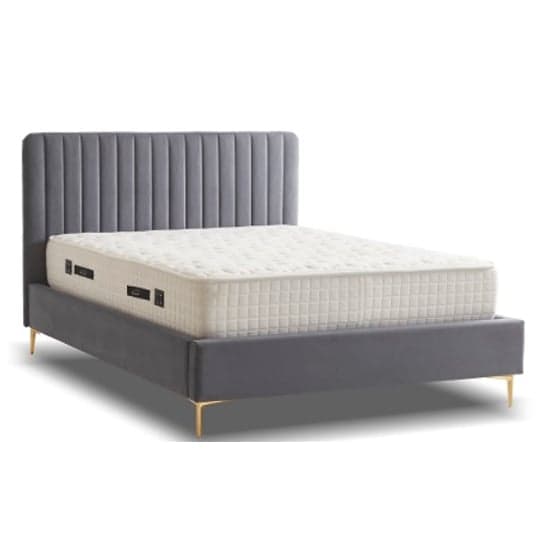Lenox Velvet Fabric King Size Bed In Grey With Gold Metal Legs_3