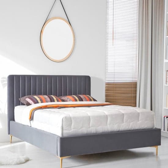 Lenox Velvet Fabric King Size Bed In Grey With Gold Metal Legs_1