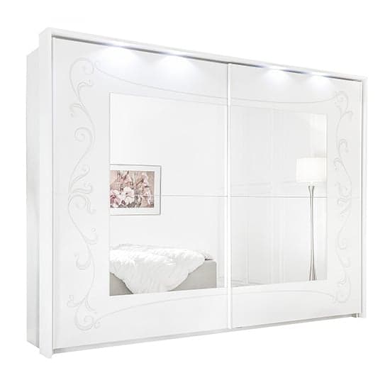 Lerso LED Mirrored Sliding Door Wardrobe In Serigraphed White_2