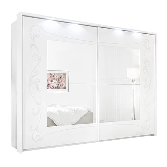 Lerso LED Mirrored Wooden Sliding Wardrobe In Serigraphed White_2