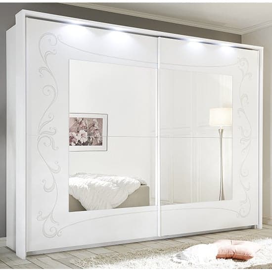 Lerso LED Mirrored Wooden Sliding Wardrobe In Serigraphed White_1