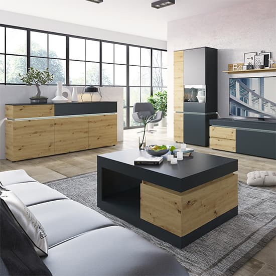 Levy LED Wooden 2 Doors 2 Drawers Sideboard In Oak And Grey_3