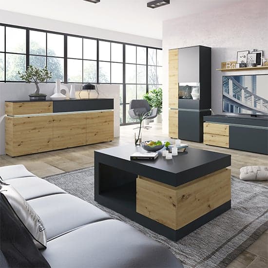 Levy LED Wooden 3 Doors 2 Drawers Sideboard In Oak And Grey_3