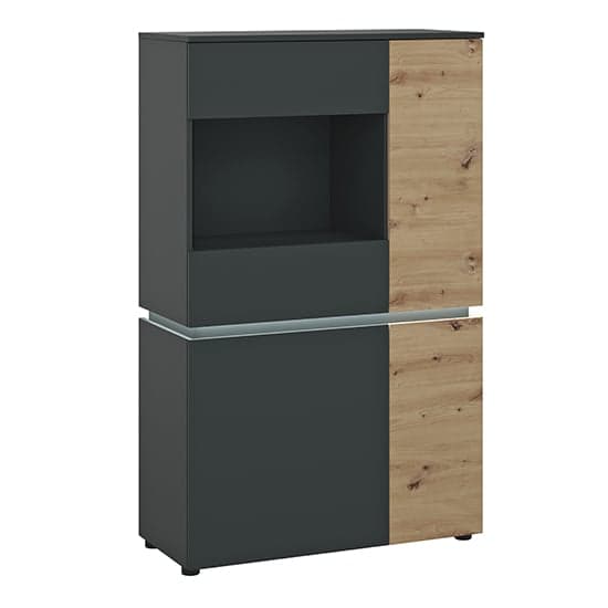 Levy LED Wooden 4 Doors Low Display Cabinet In Oak And Grey_1