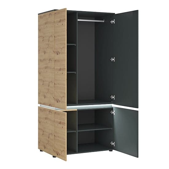 Levy LED Wooden 4 Doors Wardrobe In Oak And Grey_2