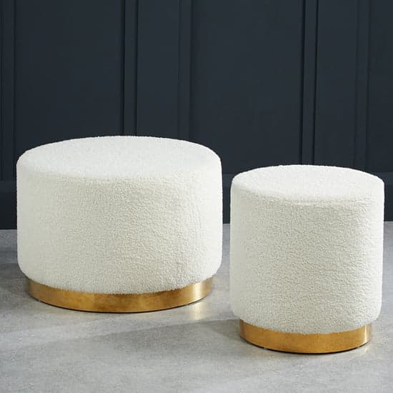 Lewes Small Boucle Fabric Pouffe With Gold Base In Ted White_2