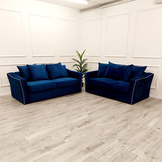 Lewes Velvet 3 + 2 Seater Sofa Set In Marine Blue_2