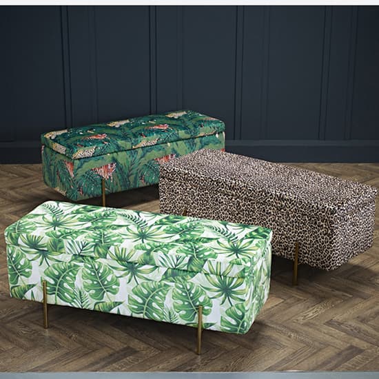 Lilia Velvet Storage Ottoman With Gold Legs In Palm Print Furniture