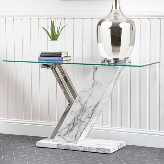 Lisle Glass Console Table With White Marble Effect Wooden Frame_1