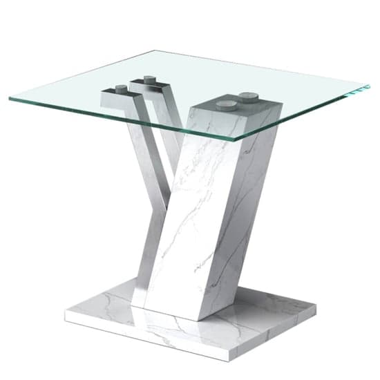 Lisle Glass End Table With White Marble Effect Wooden Frame_2