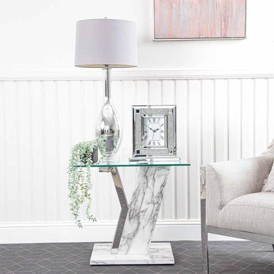Lisle Glass End Table With White Marble Effect Wooden Frame_4