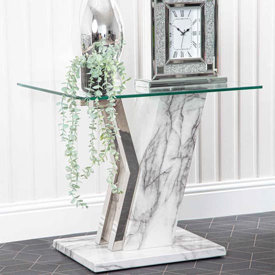 Lisle Glass End Table With White Marble Effect Wooden Frame_1