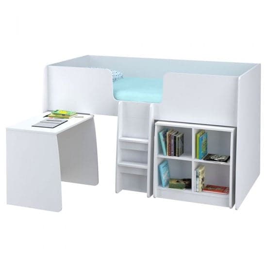 Loft Station Kids Single Bed In White With Desk And Bookcase_1
