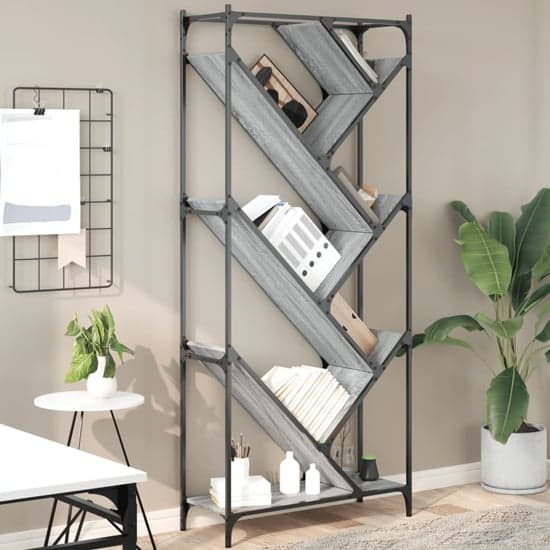 Looe Wooden Bookcase With Metal Frame In Grey Sonoma_1
