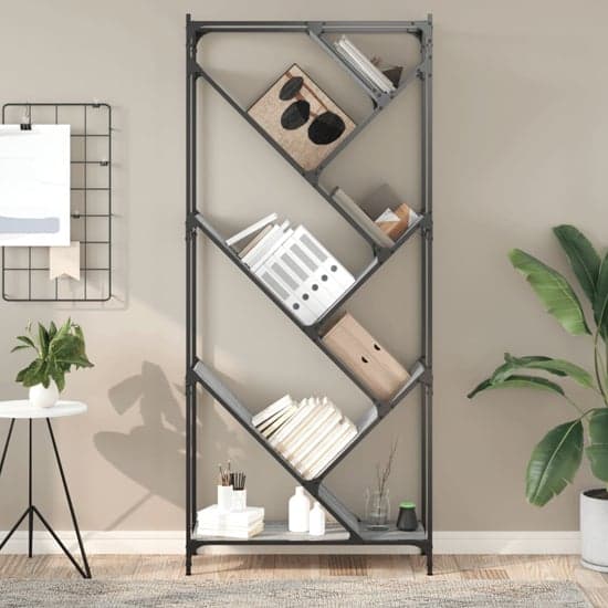 Looe Wooden Bookcase With Metal Frame In Grey Sonoma_2