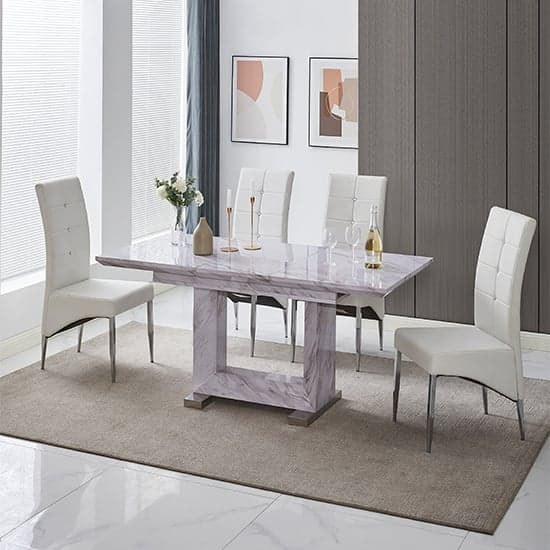 Lorence Extending Grey Dining Table With 4 Vesta White Chairs_1
