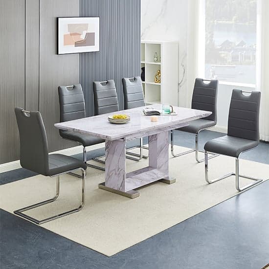 Lorence Extending Grey Dining Table With 6 Petra Grey Chairs_1