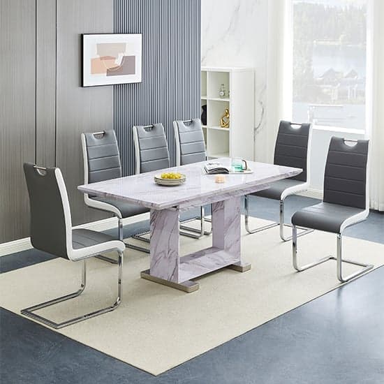 Lorence Extending Grey Dining Table 6 Petra Grey White Chairs_1