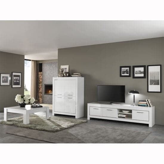 Lorenz Large TV Stand In White High Gloss With 3 Doors_3