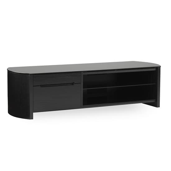 Flare Large Black Glass TV Stand With Black Oak Wooden Frame