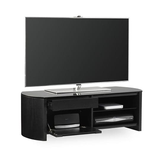 Flare Small Black Glass TV Stand With Black Oak Wooden Frame_1