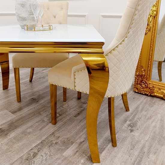 Laval Square White Glass Dining Table With Gold Curved Legs_3