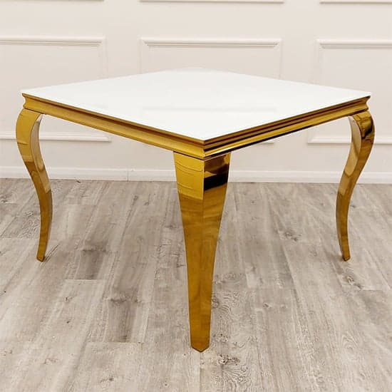 Laval Square White Glass Dining Table With Gold Curved Legs_1