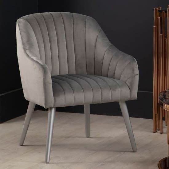 Luxury Upholstered Velvet Armchair With Silver Legs In Grey_1