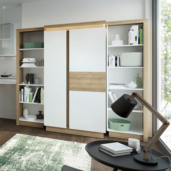 Lyco Right Handed Bookcase In Riviera Oak And White High Gloss_3