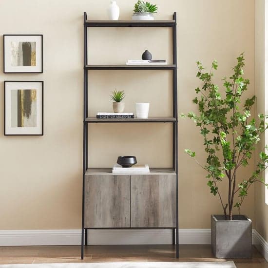 Lynn Industrial Modern Ladder Bookcase With Cabinet In Grey_2