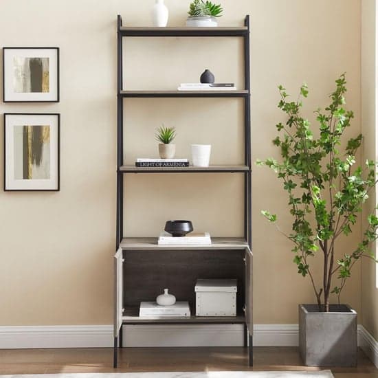 Lynn Industrial Modern Ladder Bookcase With Cabinet In Grey_3