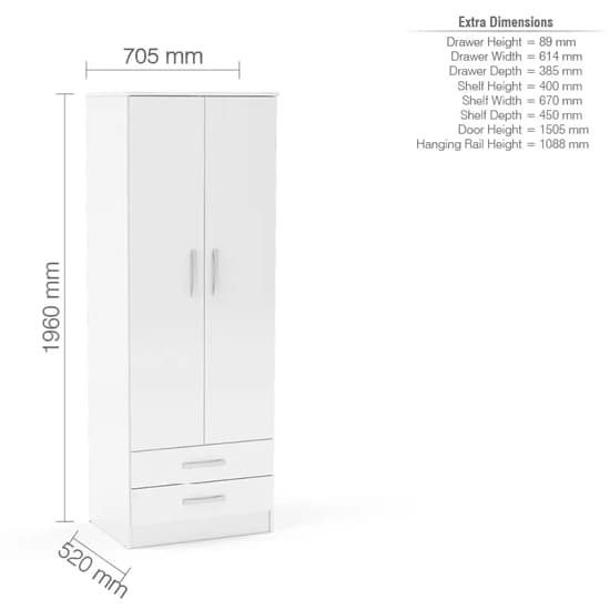 Lynn High Gloss Wardrobe With 2 Doors And 2 Drawers In White_4