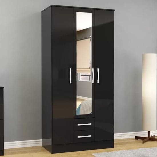 Lynn Mirrored Wardrobe With 3 Door In Black High Gloss_1