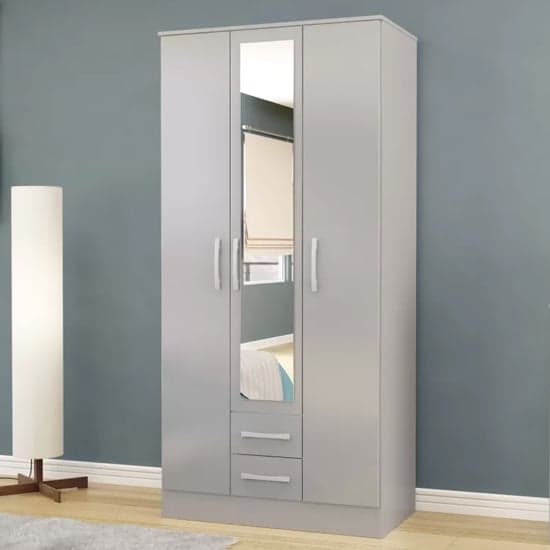 Lynn Mirrored Wardrobe With 3 Door In Grey High Gloss_1
