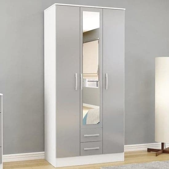 Lynn Mirrored Wardrobe With 3 Door In Grey And White High Gloss_1