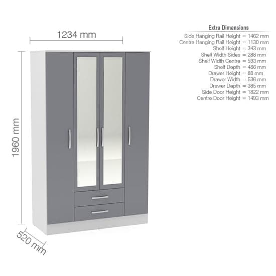 Lynn Mirrored Wardrobe With 4 Door In Grey And White High Gloss_3