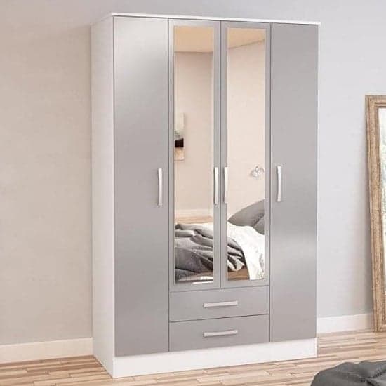 Lynn Mirrored Wardrobe With 4 Door In Grey And White High Gloss_1