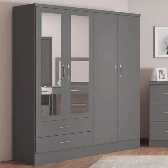 Mack Mirrored Wardrobe With 4 Doors 2 Drawers In 3D Effect Grey_1