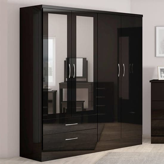 Mack Mirrored Gloss Wardrobe With 4 Doors 2 Drawers In Black_1