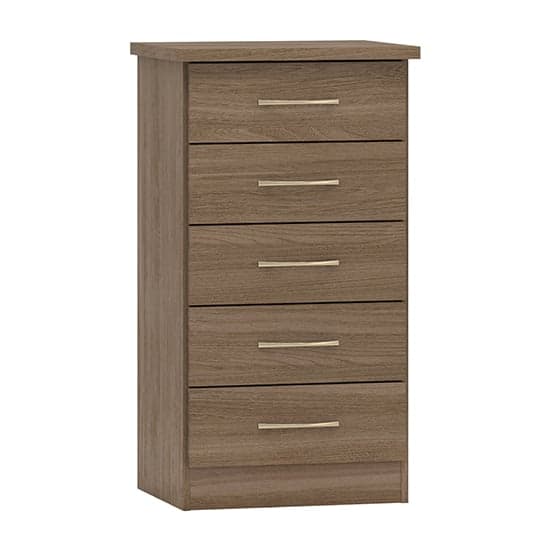 Mack Narrow Wooden Chest Of 5 Drawers In Rustic Oak Effect_1