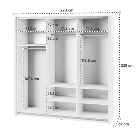 Madrid Wardrobe 220cm With 3 Sliding Doors In White And LED_9