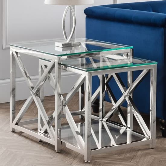 Maemi Clear Glass Nest Of 2 Tables With Silver Frame Furniture in Fashion