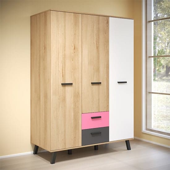 Maili Wooden Wardrobe 3 Doors In Beech And Multicolour_2