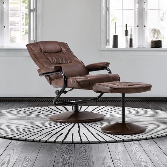 Maison Relaxing Swivel Chair With Footstool In Tan Faux Leather_3